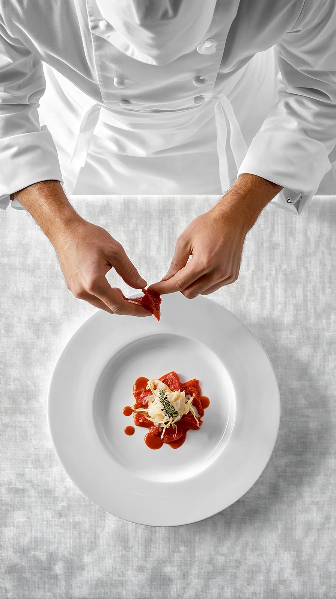 Chefs hands shaping artisanal plated dish